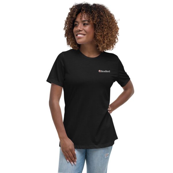 A woman is wearing a black t-shirt